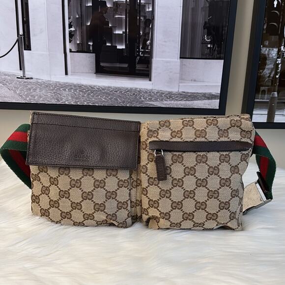 Gucci GG Pattern Waist Pouch Sherry Line web GG Brown Canvas Bag - Picture 1 of 9